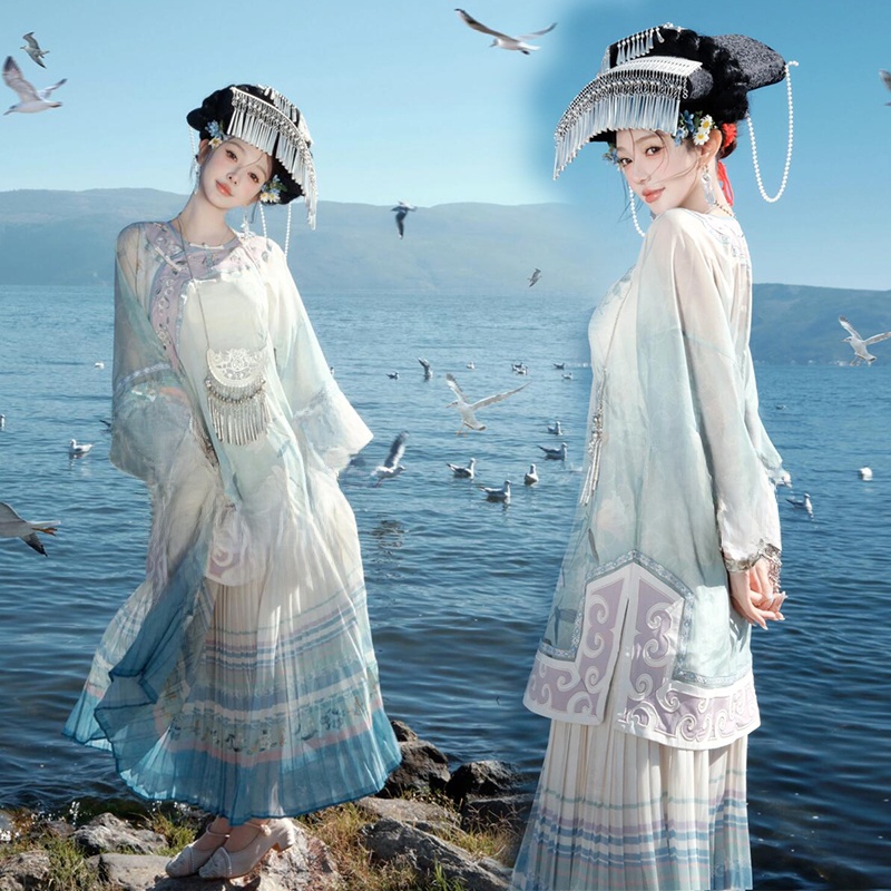 Ethnic Fashion Studio - Blaue Ethnische Minderheiten-Frauenkleidung Traditionelles Kostüm für
