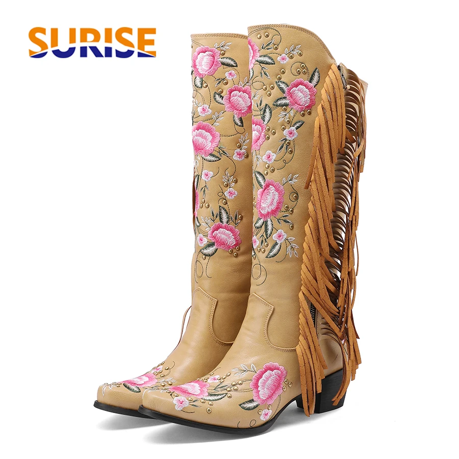 Ethnic Fashion For Women - Mode Stickerei Blume Western Kniehohe Stiefel