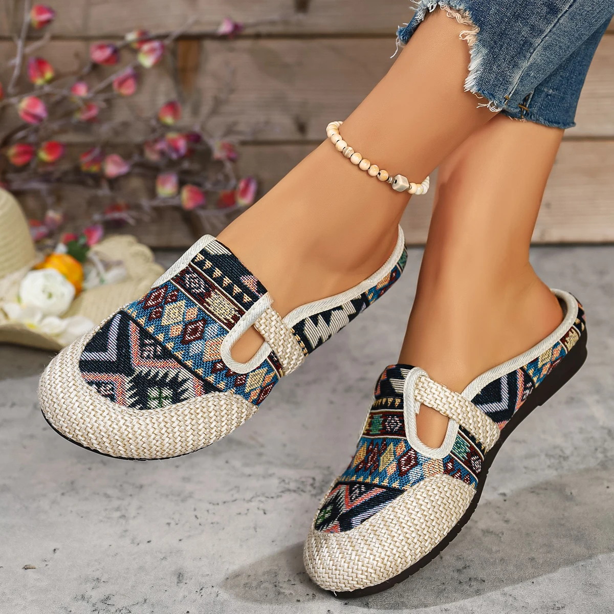 Ethnic Fashion Walk - Damen-Hausschuhe im Ethno-Stil, modische Damenschuhe, Keilabsatz-Stoffschuhe